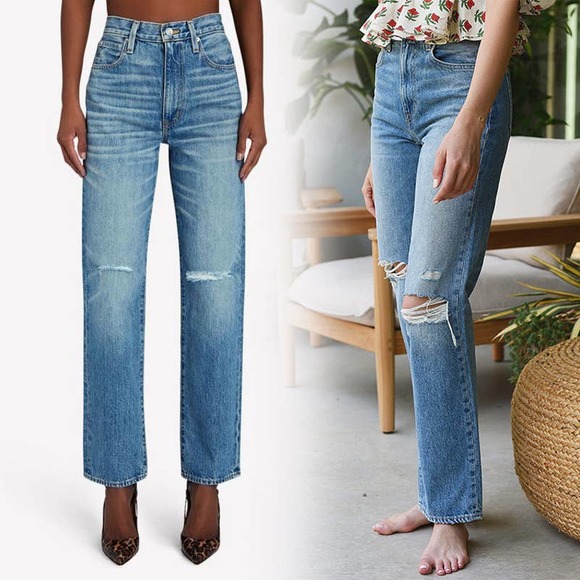 SLVRLAKE London Shakedown Distressed Knee Straight Jeans 32 NEW Light Wash Denim - Picture 1 of 9